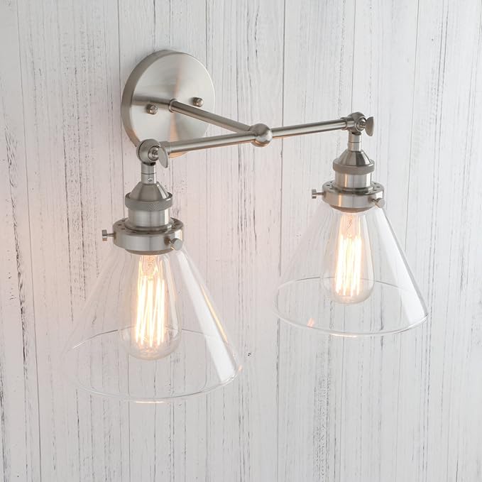 PERMO Industrial Vintage Slope Pole Wall Mount Single Sconce with Funnel Flared Clear Glass Shade Wall Sconce Light Lamp Fixture Hardwired (Antique Gold) (Brushed, Funnel Flared 2-Light Hardwired)