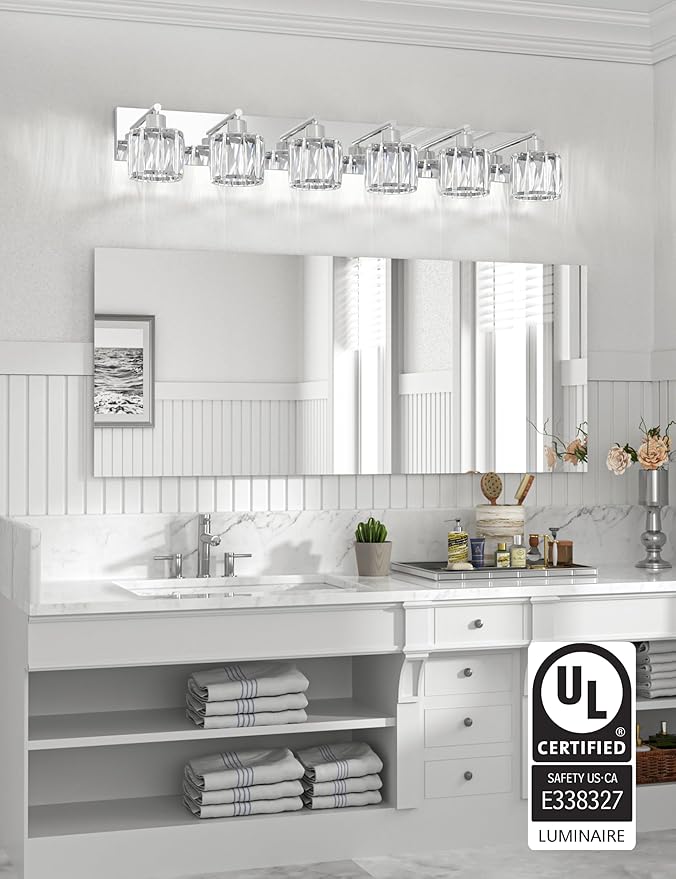 VOLISUN Crystal Vanity Lights for Bathroom, 6 Light Modern Stainless Steel Bathroom Light Fixtures Over Mirror, Chrome Bathrooms Lights Fixtures - UL Certificated (Exclude Bulb)