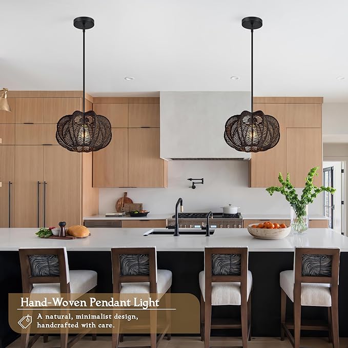 Black Rattan Pendant Light 12.6 in Rattan Light Fixture Wicker Chandelier Woven Pendant Light Boho Chandelier for Foyer
