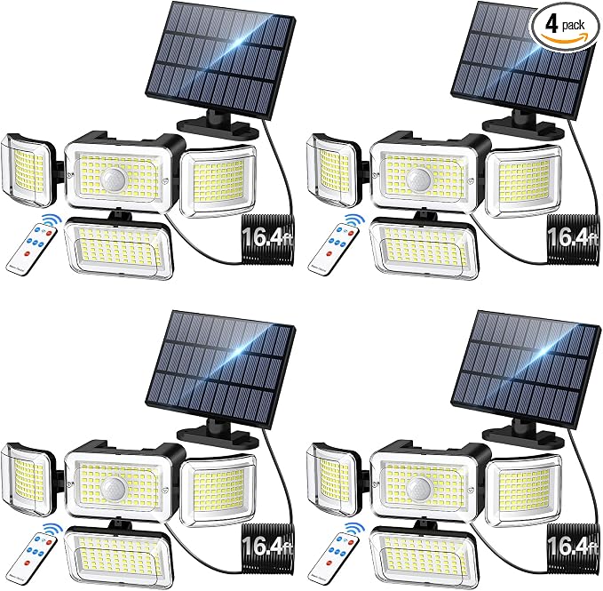 CLAONER Solar Outdoor Lights Motion Sensor 3500LM 288 LED Solar Security Lights with Remote Control IP67 Waterproof 4 Heads Flood Lights with 16.4ft Cable 4 Modes Wall Lights(4 Pack)