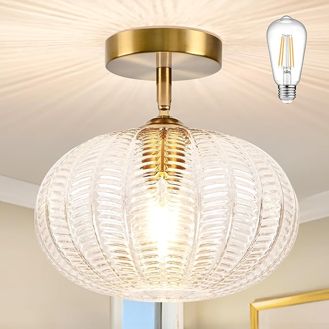 Bagood Gold Semi Flush Mount Ceiling Light Fixture Vintage Ceiling Light Fixture Farmhouse Globe Glass Mid Century Textured Glass Hallway Fixture for Bathroom Entryway (Bulb Incl.)
