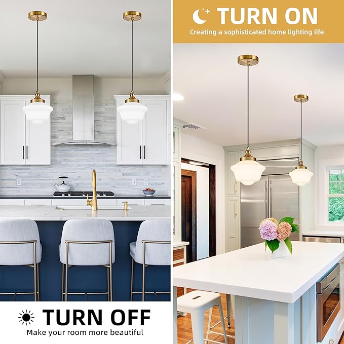 Bagood 8" Gold Schoolhouse Light Fixture Milk Glass Pendant Light Schoolhouse Pendant Light Milk Glass Light Fixture Mid Century Modern Ceiling Light for Bedroom Bathroom Kitchen Island (Bulb Incl.)