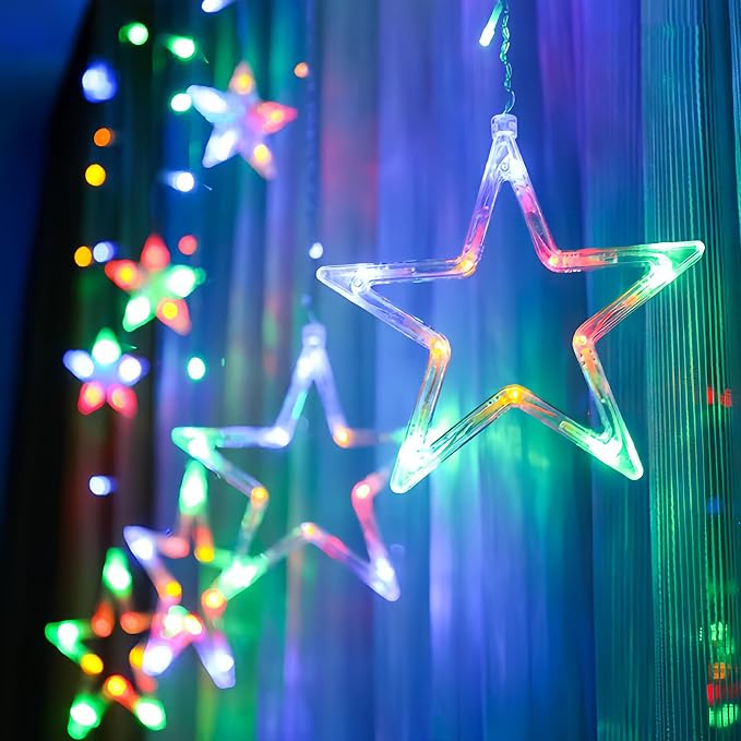 Moon and Stars Decor Curtain Lights, 11.5ft String Lights for Bedroom, Christmas, Ramadan Decor, Indoor LED Fairy Twinkle Light, Battery Operated or USB Plug-in (Multicolor + Remote)