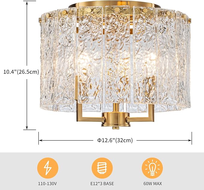 3-Light Modern Ceiling Light for Living Room, Bedroom, Foyer, Kitchen, Close to Ceiling Flushmount Light Fixture, D12.6 x H10.4 in, Handmade Glass Shade & Gold Finish Frame