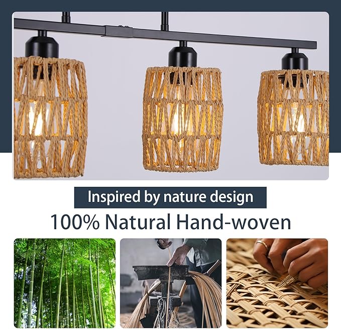 Rattan Kitchen Island Lighting,Boho Coastal Chandelier,4-Light Rustic Pendant Light for Dining Room,Height Adjustable,Black Farmhouse Woven Hanging Lights Fixture Over Table.