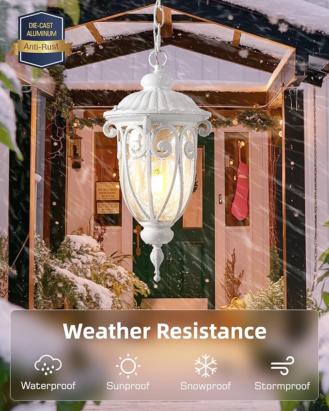 VIANIS Outdoor Pendant Light Lantern, White Modern Outdoor Chandelier, Handcrafted Hanging Outdoor Lights with Seed Glass, Outdoor Ceiling Lights for Porch, House, Doorway, Garden, Entryway