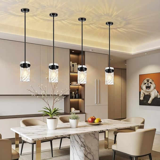 4.72" Hammered Glass Pendant Lighting for Kitchen Island 2 Pack, Modern Black Pendant Light Fixtures, Adjustable Ceiling Pendant Light for Kitchen Island Dining Room Bedroom Hallway