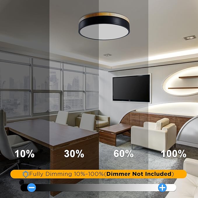 Dimmable LED Wood Flush Mount Ceiling Light Fixture 3000-6000K Tunnable 12 Inch, 24W Modern Close to Ceiling Light, Bedroom Light for Kitchen, Hallway, Black, Type B 5CCT