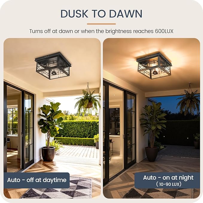 Infrared Sensor Outdoor Ceiling Light, Flush Mount Motion Sensor Ceiling Light, 2-Light Black with Bubble Glass, Bulbs Not Included, 4 Modes, for Porch, Garage, Hallway, Patio,BQ08XD05W1