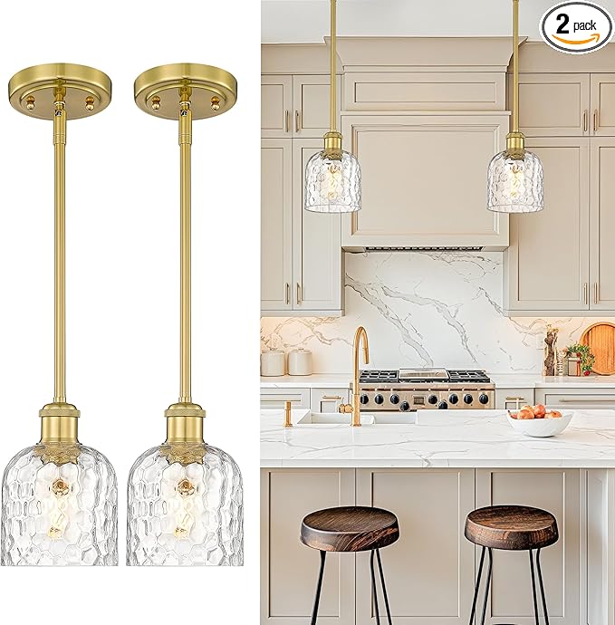 zeyu Modern 1 Light Hanging Lamp, Hanging Lighting Fixture Set of 2, Gold Pendant Light with Clear Hammered Glass, Brushed Gold Finish, ZJF63MIL-2PK BG