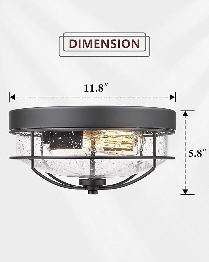 HWH INVESTMENT Flush Mount Ceiling Light Fixtures, 12 inch 2-Light Farmhouse Close to Ceiling Light Fixture with Seeded Glass Shade, Sand Black Finish, 5HTJ7-F BK