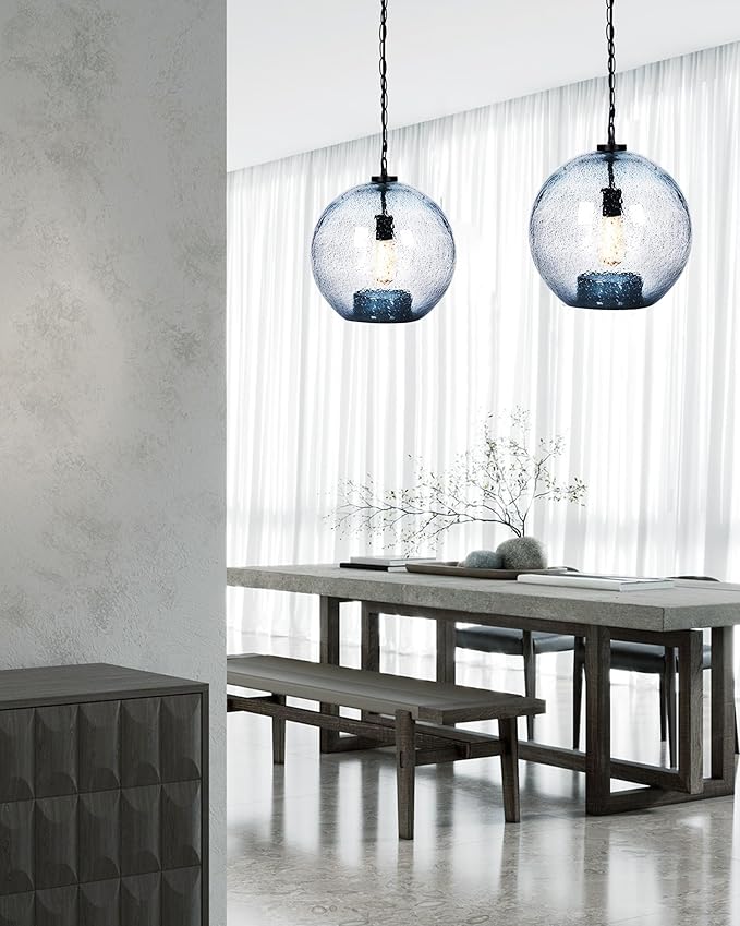 CASAMOTION Farmhouse Pendant Lighting Hand Blown Blue Glass Pendant Lights Kitchen Island Dining Room Table Entryway Black Ceiling Hanging Light Fixtures Large Globe Shade 15.6 Inch H