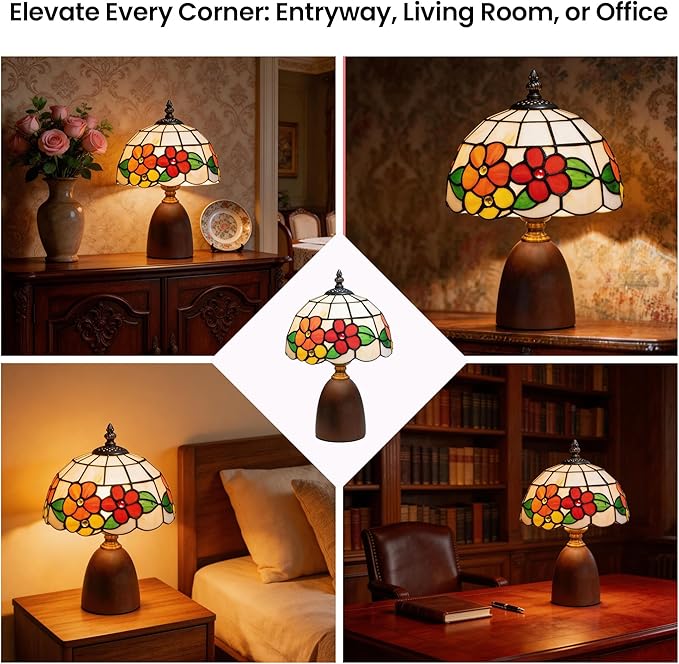 12.2" Tiffany Style Lamp, Handcrafted Stained Glass Sunflower Table Lamp with Spherical Solid Wood Base, 3-Color Dimmable Bedside Lamp for Nightstand & Bedroom, Vintage Aesthetic Accent Light