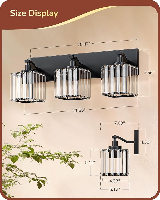 EDISHINE Bathroom Vanity Light Fixtures, 3-Light 20.47'' Crystal Bathroom Lighting Fixtures Over Mirror, Modern Wall Sconce for Powder Room, Bedroom, E26 Base, Black