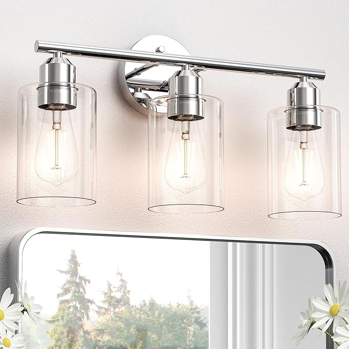 Espird Bathroom Vanity Light Fixtures Polished Chrome Bathroom Lighting Fixture, 3 Lights Bathroom Light Fixture Over Mirror, Modern Black Vanity Light, Wall Sconces with Glass Shades
