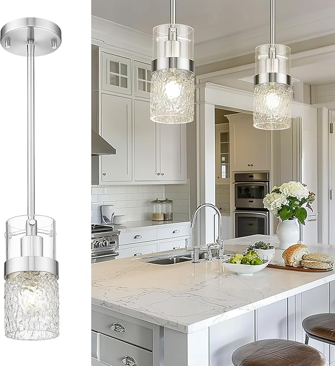 LMS Brushed Nickel Pendant Lights Kitchen Island, 1-Light Modern Glass Pendant Light Fixtures with Hammered Glass, Adjustable Mini Hanging Light for Kitchen Island Sink Bathroom, LMS-199