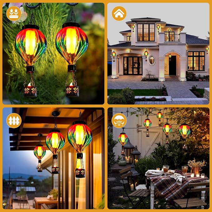Patriotic Hot Air Balloon Solar Lantern for Garden Decor Halloween Christmas Party,Hanging Flickering Flame Outdoor Lights for Trees,Colorful Decorations for Party,Gifts for Mom (Gradient)