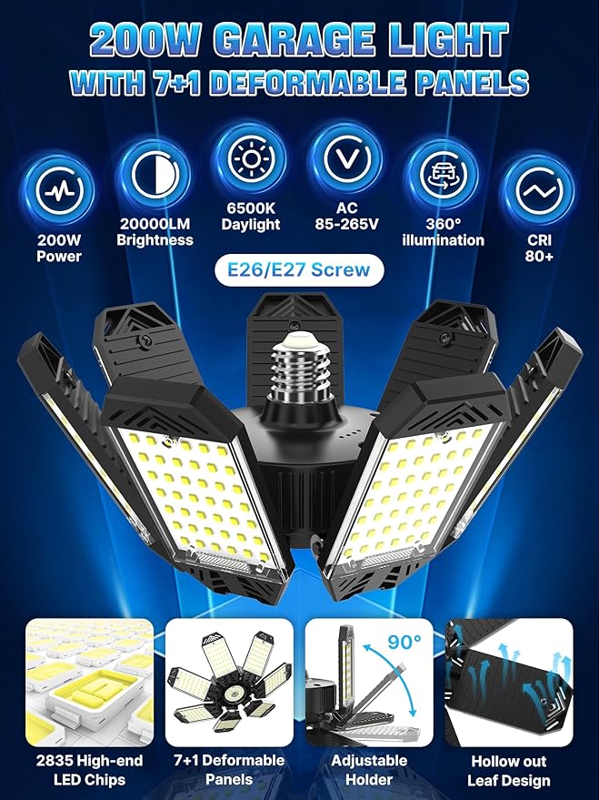 LED Garage Light 200W, 8 Pack 20000LM 6500K Garage Lights Ceiling Led with 7 Deformable Panels, Screw in E26/E27 Socket Shop Light for Workshop Basement Barn Bay Lighting
