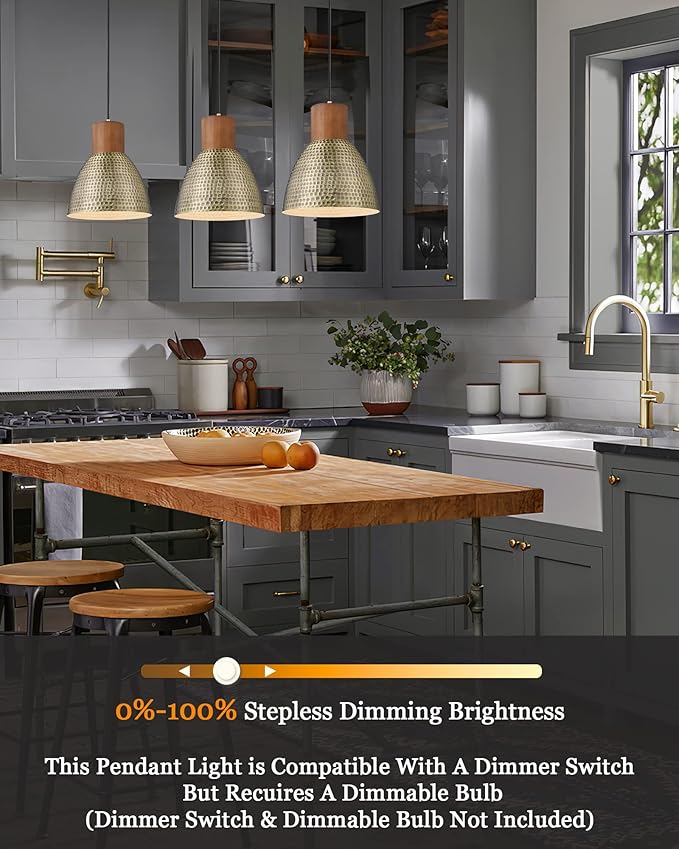ELYONA Vintage Hammered Pendant Light Fixture, 7” Small Brushed Brass Metal Hanging Light Solid Wood Antique Gold Pendant Lamp for Kitchen Island, Farmhouse, Dining Room, Adjustable Height