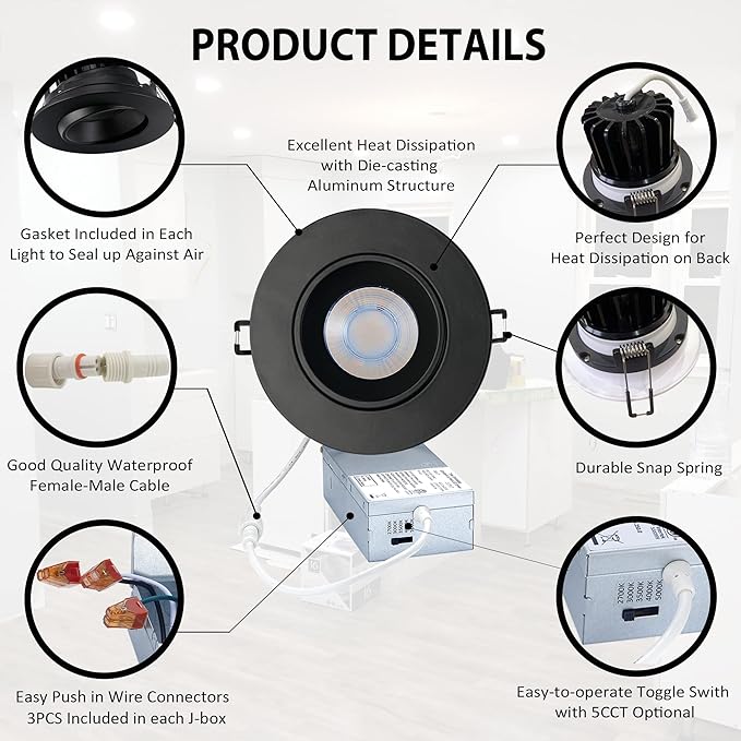POPANU Canless Recessed Gimbal Downlight - Suitable for 20ft High Ceiling 1200lm 4 Inch 15W LED Rotatable Eyeball Spotlight, 5CCT Dimmable Lights with Junction Box, Anti-Glare, Black 4 Pack