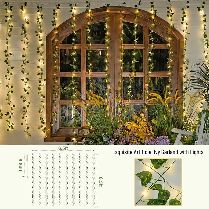 JMEXSUSS Vines Lights for Bedroom, 200 LED Vines Fairy Lights, Artificial Pothos Leaf Light for Wall Curtain Wedding Party Christmas Indoor Decor, 6.5ft x 6.5ft with Remote