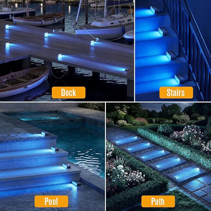 NIORSUN Blue Solar Step Lights for Pool, Deck, Dock & Stairs, 6 Pack Cool Blue Outdoor Lighting - Auto On/Off, IP67 Waterproof