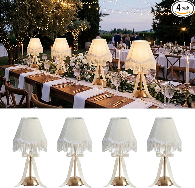 4 Pack Wedding Tassel Cordless Table Lamp Rechargeable Touch LED Small Gold Portable Battery Operated USB-c Desk Lamp 3 Color Dimmable for Wedding Birthday Outdoor Party Home