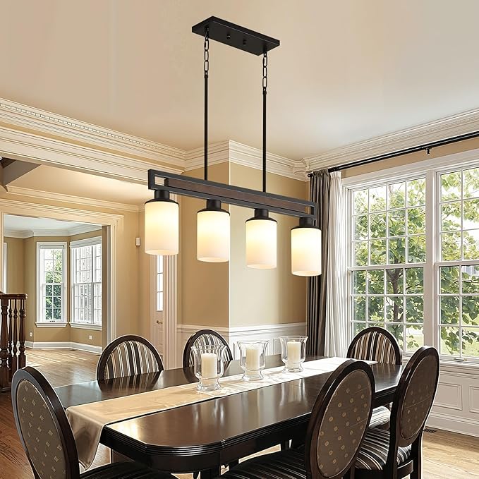 Farmhouse Dining Room Light Fixture, 4-Light Wood Kitchen Island Lighting for Dining Room Over Table, Black Adjustable Pendant Light with Milk Glass Shades, Linear Chandeliers Lighting for Kitchen
