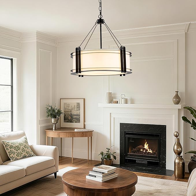 Mayful D20 Modern Farmhouse Chandelier 5-Light Adjustable Pendant Light for Dining Room Light Fixture, Rustic Drum Hanging Chandeliers for Kitchen Island Entryway Foyer Bedroom Living Room,Black