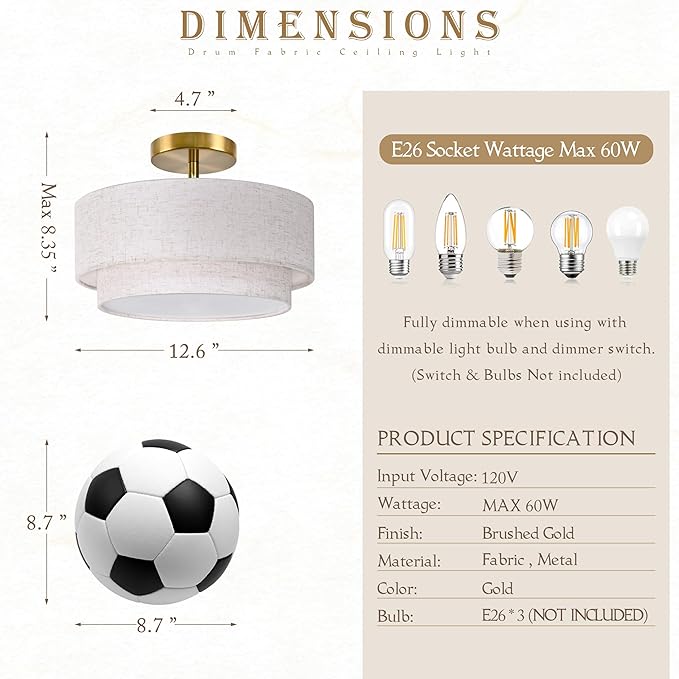 12.6 inch Flush Mount Ceiling Light Gold Close to Lights Fixture with 2-Layer Fabric Shade 3-Light Drum Modern Lights for Dining Room Bedroom Hallway