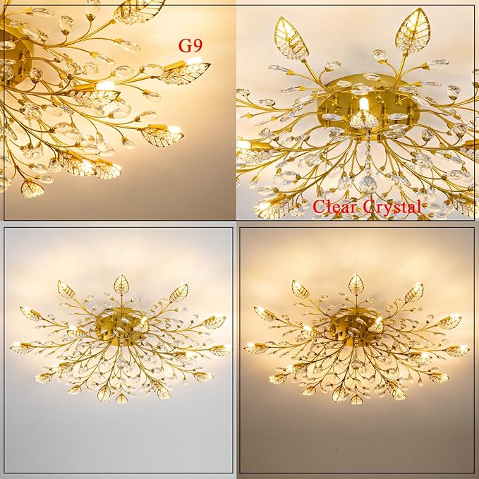Modern Crystal Ceiling Light Fixture,Semi Flush Mount Chandeliers,Crystal Leaf Ceiling Light, Chandeliers for Dining Room,Living Room,Bedroom