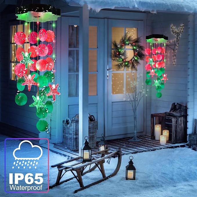 Solar Shell Gift for Mom Grandma Girls, Christmas Red & Green Solar Wind Chimes for Outside,Christmas Decorative Mobile Lights for Garden, Yard, Patio, Window, Party, Outdoor Decorations