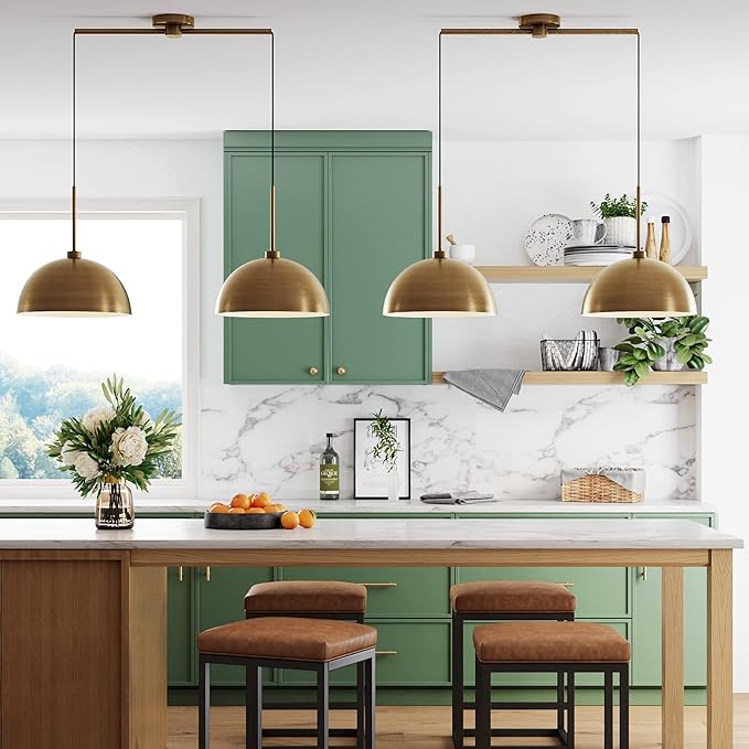 Nathan James Percy Modern 2-Light Pendant Island Light Fixture, Brass Hanging Lights with Gold Metal Shade and Adjustable Cord, for Kitchen, Living Room, Vintage Brass, Set of 2