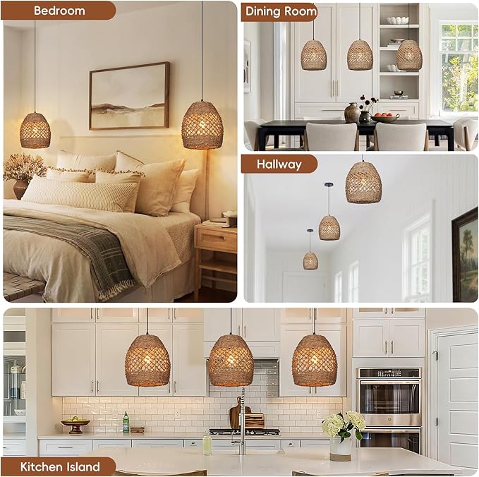 9.8" Boho Rattan Chandelier Light Fixture, 1-Light Hand Woven Wicker Small Pendant Lights Kitchen Island Farmhouse Rustic Hanging Lamp for Dining Room, Bedroom, Living Room, Entryway, Foyer