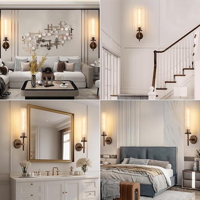19.5" Knurled Brass Wall Sconces Set of 2, Bronze Bathroom Vanity Light Fixtures with Crackle Glass Tube, Modern Lamp Lighting for Bedroom, Living Room, Hallway, Staircase, Mirror, Kitchen