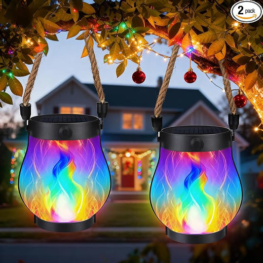 iBaycon 2 Pack Solar Lantern Lights USB Christmas Flame Lamp, Multicolor | Solar Garden Lights with Dual Charging USB & Solar, 2 Modes Outdoor Waterproof Hanging Lantern for Patio Home Xmas Decor