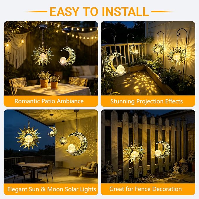 Solar Hanging Lights for Outside Garden,Outdoor Metal Lanterns Sun Moon Lamp, Large Decorations for Yard Garden Patio Proch Tree Wall, Christmas Gifts for Women Mom