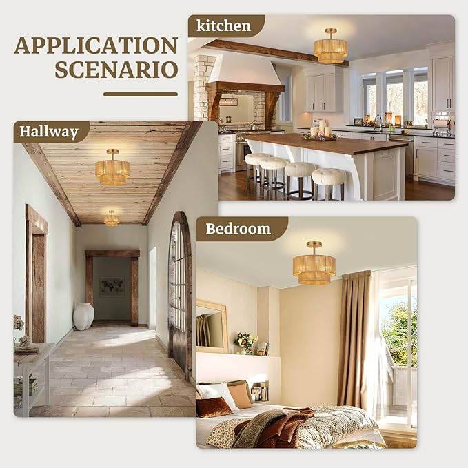 3-Light Boho Light Fixtures Ceiling Mount,12.6'' Rattan Semi Flush Mount Ceiling Light Fixture,Coastal Hemp rope Drum Light Fixtures with 2-Tier Shade, Farmhouse Light Fixture for Bedroom Hallway