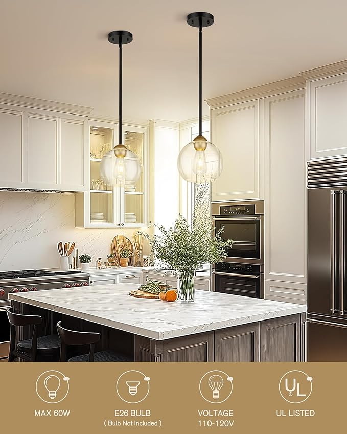 Emak Black and Gold Pendant Light, 8 Inch Globe Pendant Lights Kitchen Island with Clear Glass Shade, Modern Farmhouse Hanging Lights for Kitchen, Dining Room, Bar, PL121-BKBGD-CG