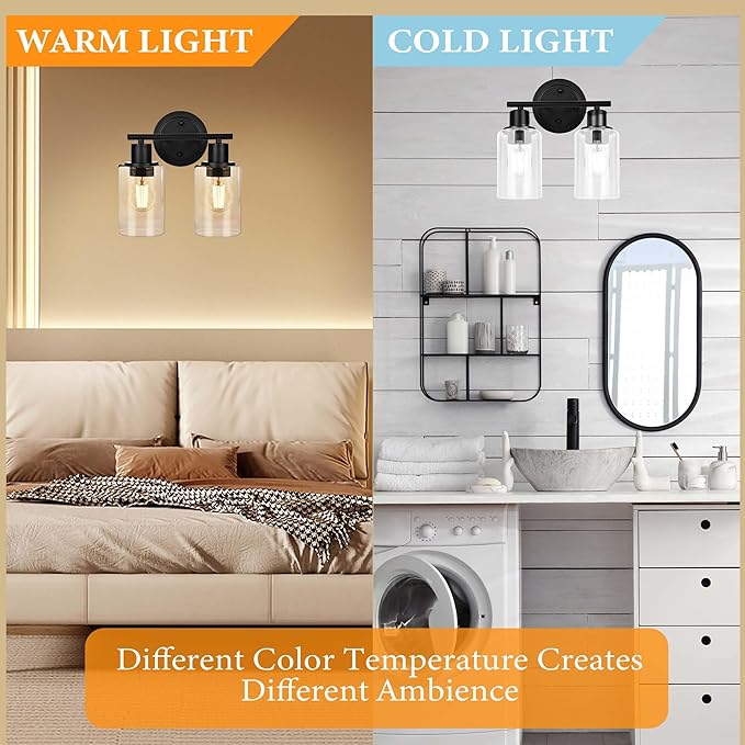 2-Light Bathroom Vanity Light Fixture Black Two Bulb Vanity Bathroom Lights Over Mirror, 2-Light Black Wall Sconce Over Sink