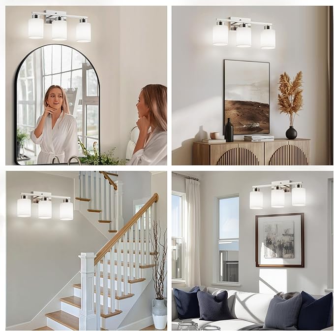 PARTPHONER 3-Light Brushed Nickel Bathroom Light Fixtures, Modern Vanity Light Over Mirror Lighting, Wall Sconce with Frosted Milky White Glass Shades for Bedroom Living Room Kitchen Hallway