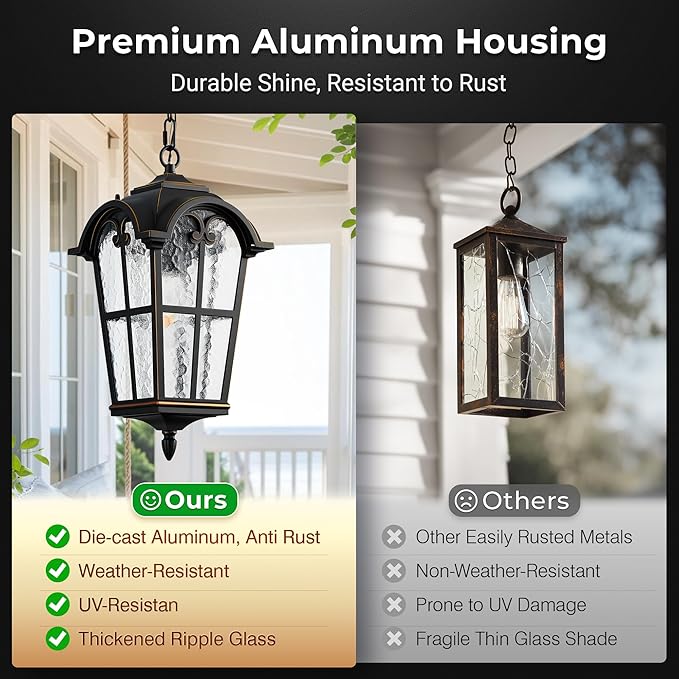 VIANIS Black Large Outdoor Pendant Light, Vintage Outdoor Chandelier with Gold Trim, Outside Hanging Light for Porch, Doorway, Entryway, 100% Aluminum, Anti-Rust Adjustable Length Chandelier