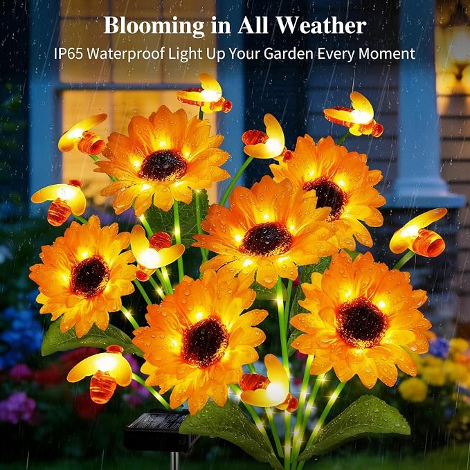 Kohlrabi Solar Garden Lights-4 Pack Solar Sunflowers with Swaying Bees, Gifts for Mom Women Mothers Day Birthday, Waterproof Sunflower Light for Outdoor Patio Yard Decor