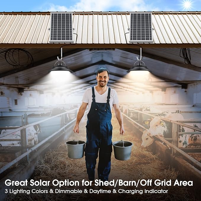 Solar Pendant Lights - Indoor/Outdoor, Daytime & Night 3200K/4000K/6000K Solar Shed Light with ON/Off Switch & Remote, Dimmable Hanging Chandelier Lights for Barn Porch Patio Chicken Coop