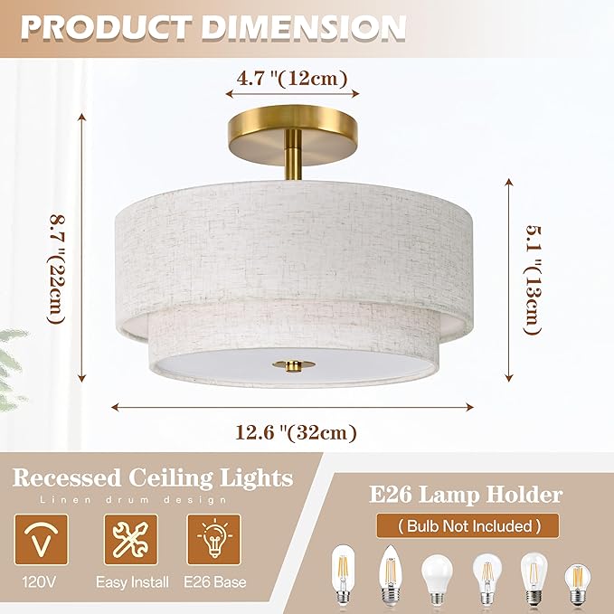 Bagood 2 Light Semi Flush Mount Ceiling Light Fixture 12.6 Inch Modern Gold Drum Lights Fixture with 2-Layer Fabric Shade Dimmable Close to Ceiling for Living Room Hallway Bedroom Entryway