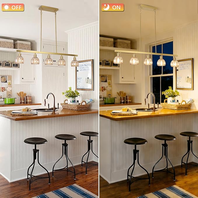 Modern Flower Dining Room Light Fixture, Gold Chandelier for Entryway, 5-Light Kitchen Island Lighting Hanging Pendant Light Fixtures, Glass Chandelier Flower Lamp for Foyer Bedroom Living Room（Amber）