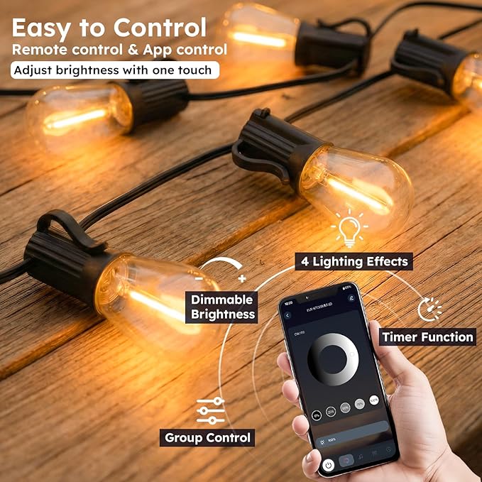 GvvooHome 100FT S11 LED Outdoor String Lights with App & Remote, Low-Voltage Patio Lights with Music Sync, 4 Lighting Modes, Dimmable, Waterproof LED Lights for Backyard, Porch, Garden, Deck, Party
