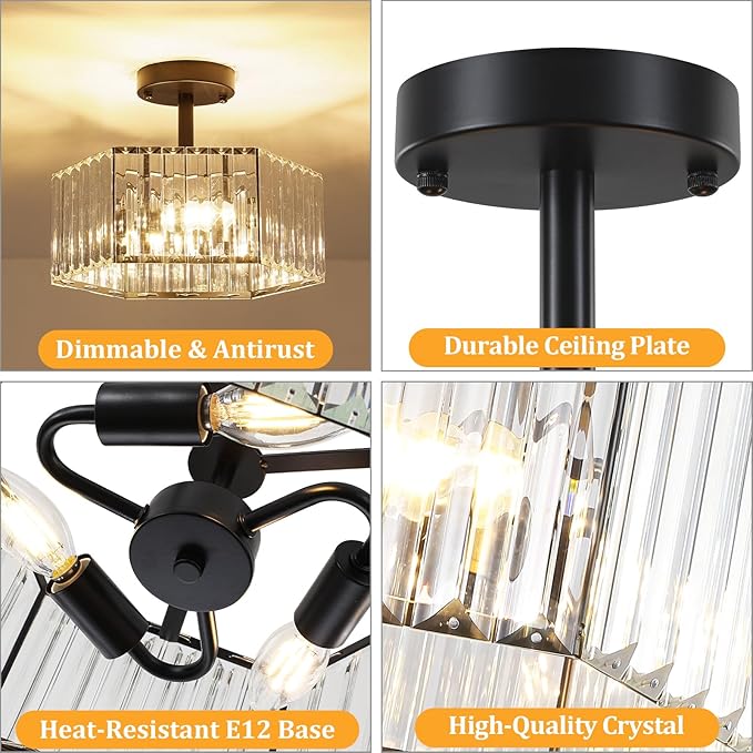 TOULMJ Modern Black Semi Flush Mount Ceiling Light, 3-Light Crystal Entryway Light Fixture Close to Ceiling Kitchen Lighting, Hallway Light Fixtures Flush Mount Chandelier for Bathroom Bedroom Foyer