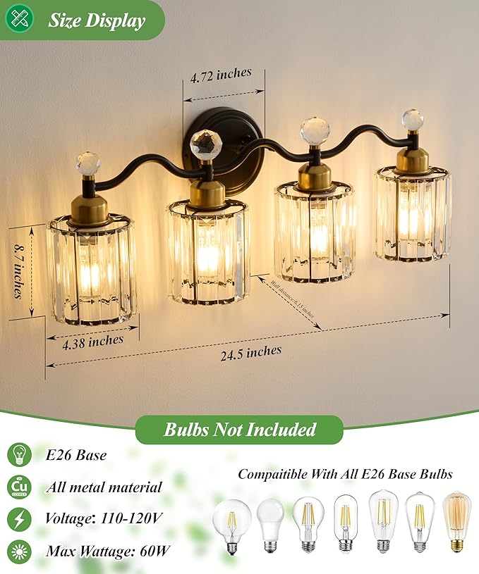 Modern Crystal Bathroom Vanity Light,Balck and Gold 4-Lights Bathroom Light Fixtures, Vanity Light Fixtures Over Mirror, Glass Wall Sconce Light for Bedroom, Kitchen, Living Room, Gallery, E26 Base