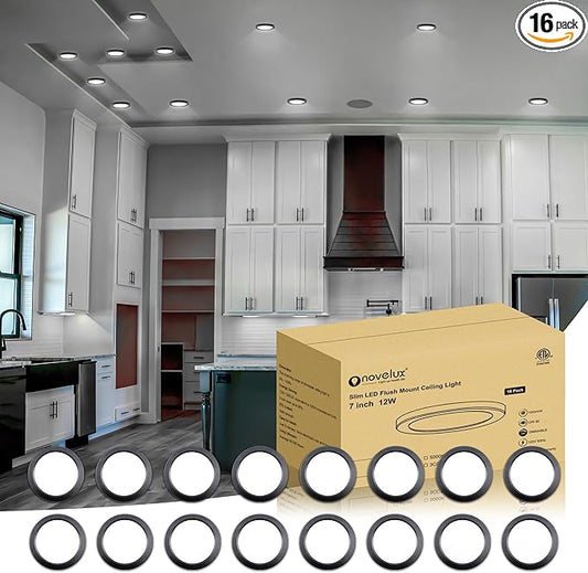 ETL Certified 7 inch Small LED Flush Mount Ceiling Light Dimmable,5000K Daylight Ultra Slim Round Flat Panel Ceiling Light Fixture,Modern Ceiling Lamp for Closet,Kitchen,Bathroom 16Pack(Black)